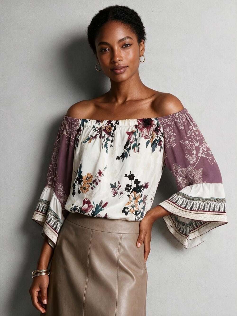 White House Black Market Blouse Womens S Floral Off Shoulder Bell Sleeve Boho